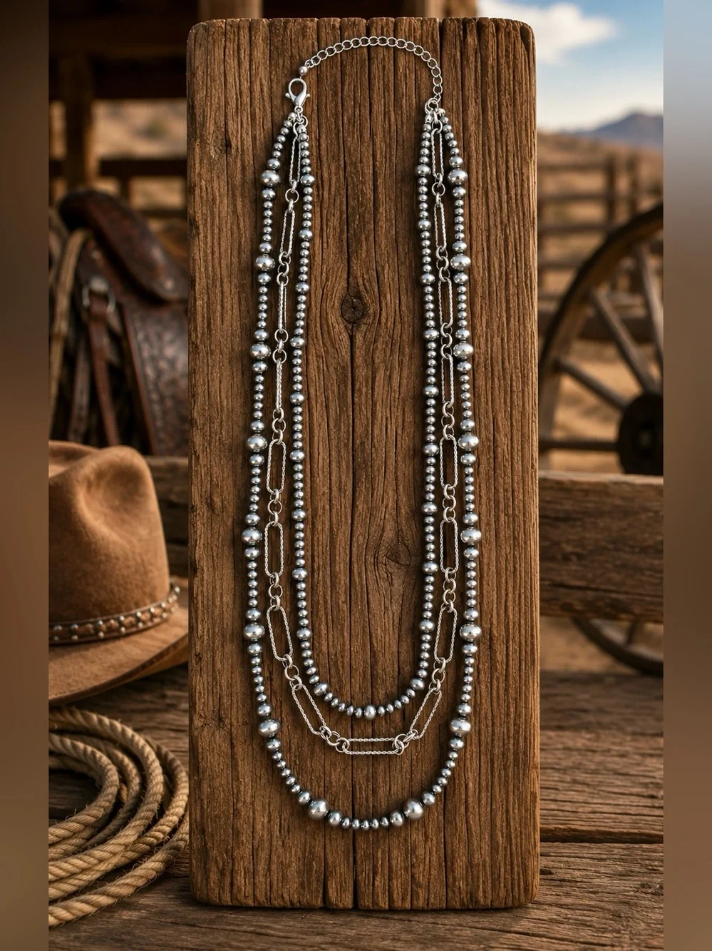 Costume Southwest Silver Tone FAUX Navajo Pearl Multi Strand Beaded Necklace